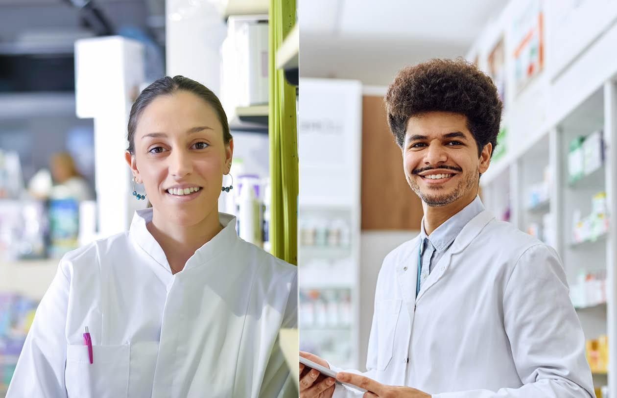Portrait einer pharmazeutisch-technischen Assistentin und eines pharmazeutisch-technischen Assistenten in einer Apotheke